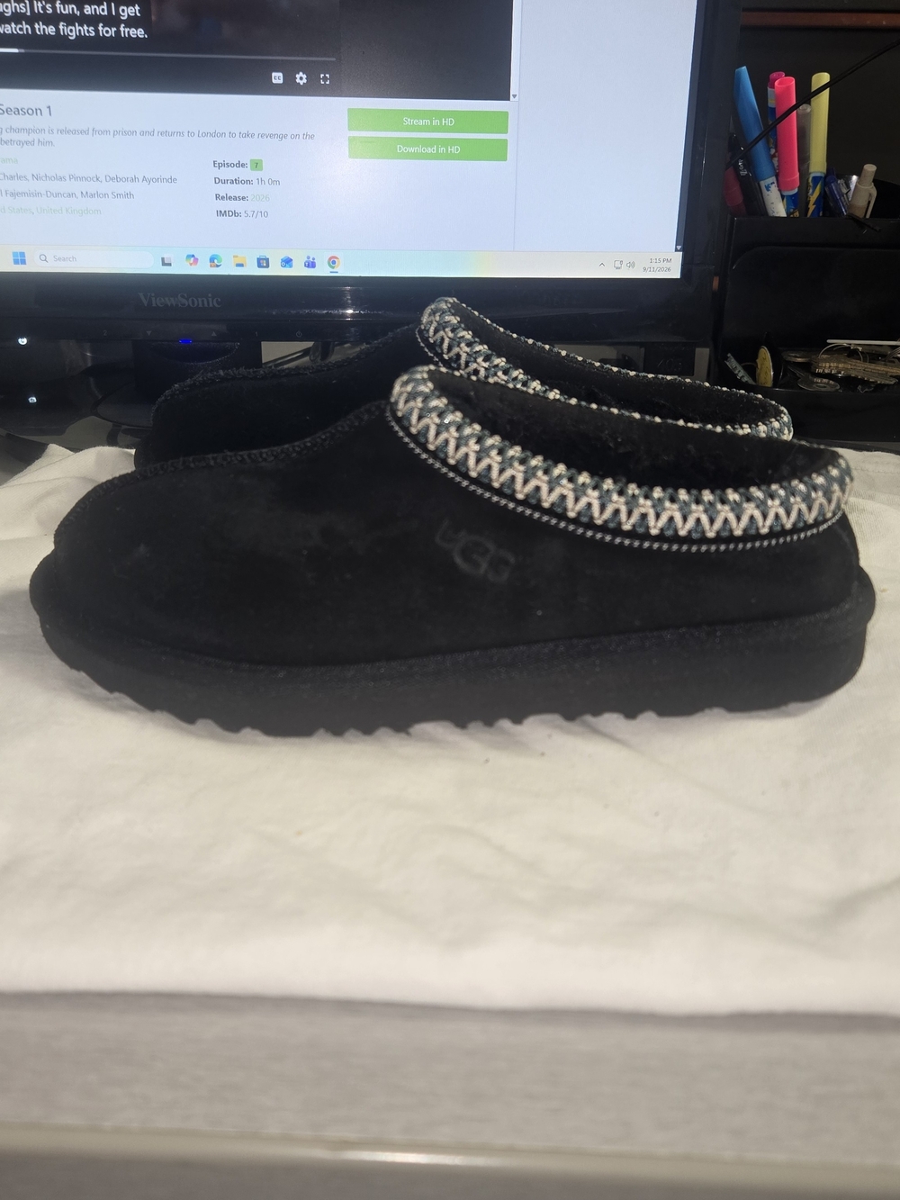 UGG Kids Black Suede Slip-On Slippers with Patterned Cuff